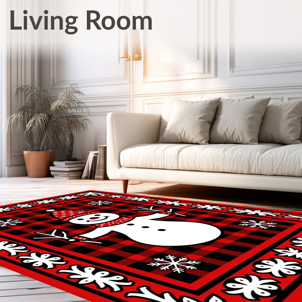 Red Black Buffalo Check Snowman Snowflakes Border Rug