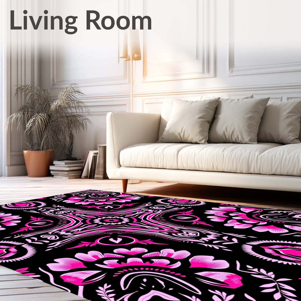 Vibrant Pink Floral Black Kaleidoscope Rug