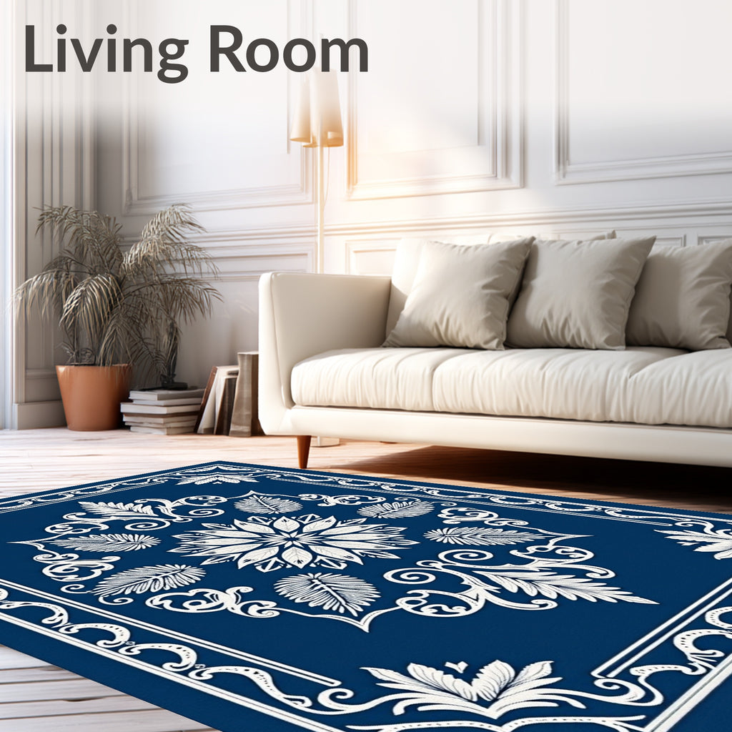 Deep Blue White Floral Medallion Frame Rug