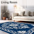 Deep Blue White Floral Medallion Frame Rug