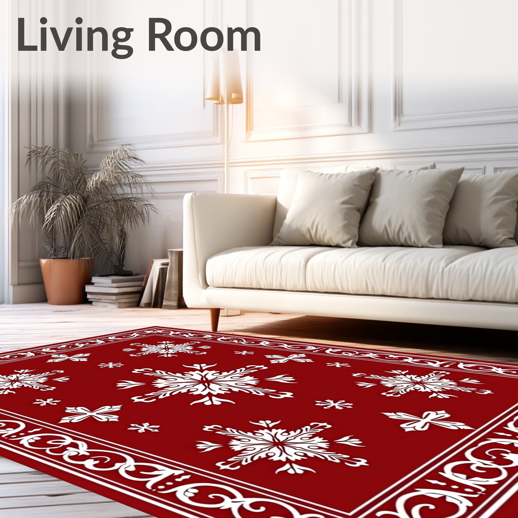 Crimson White Floral Scroll Overlay Rug