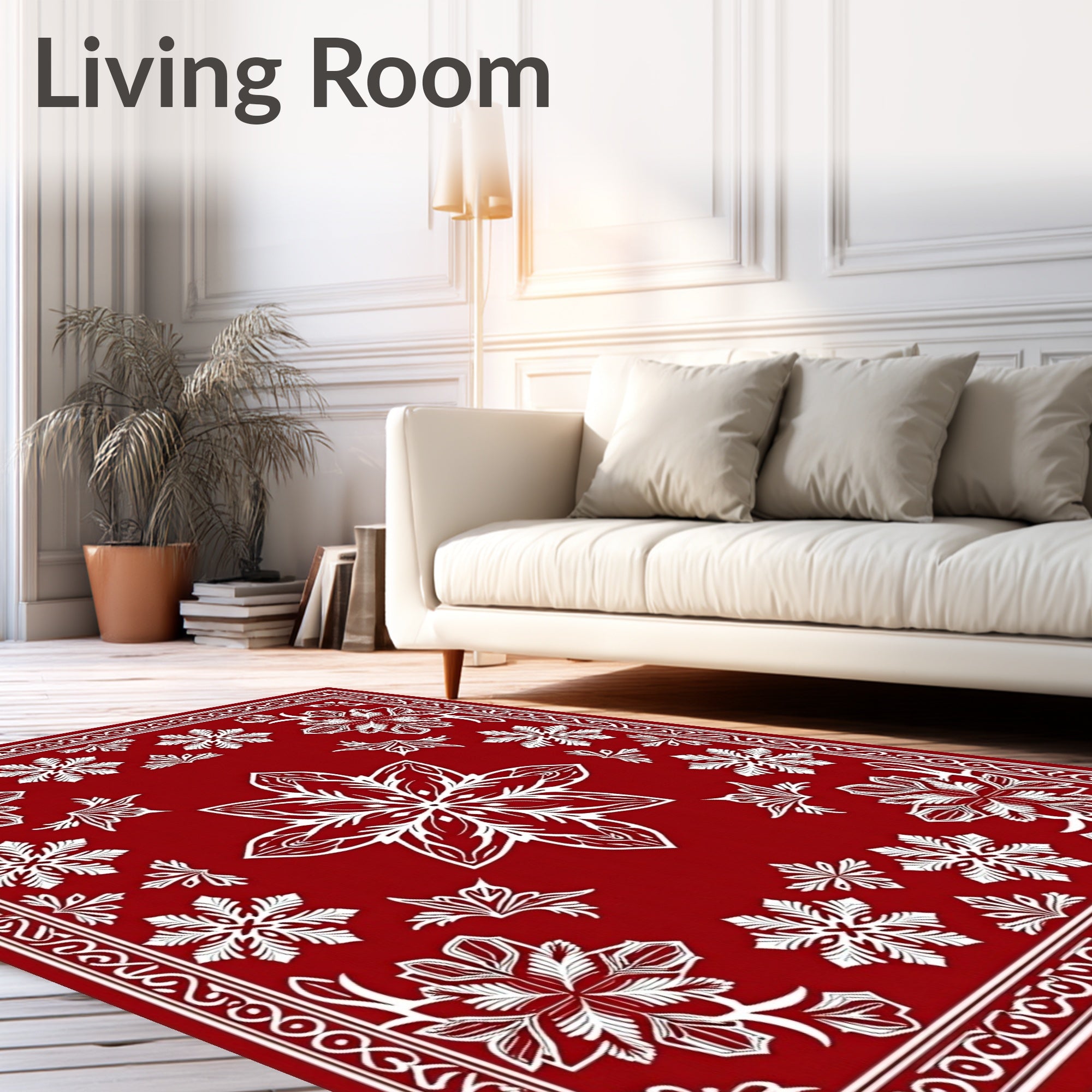 Crimson White Floral Medallion Relief Rug
