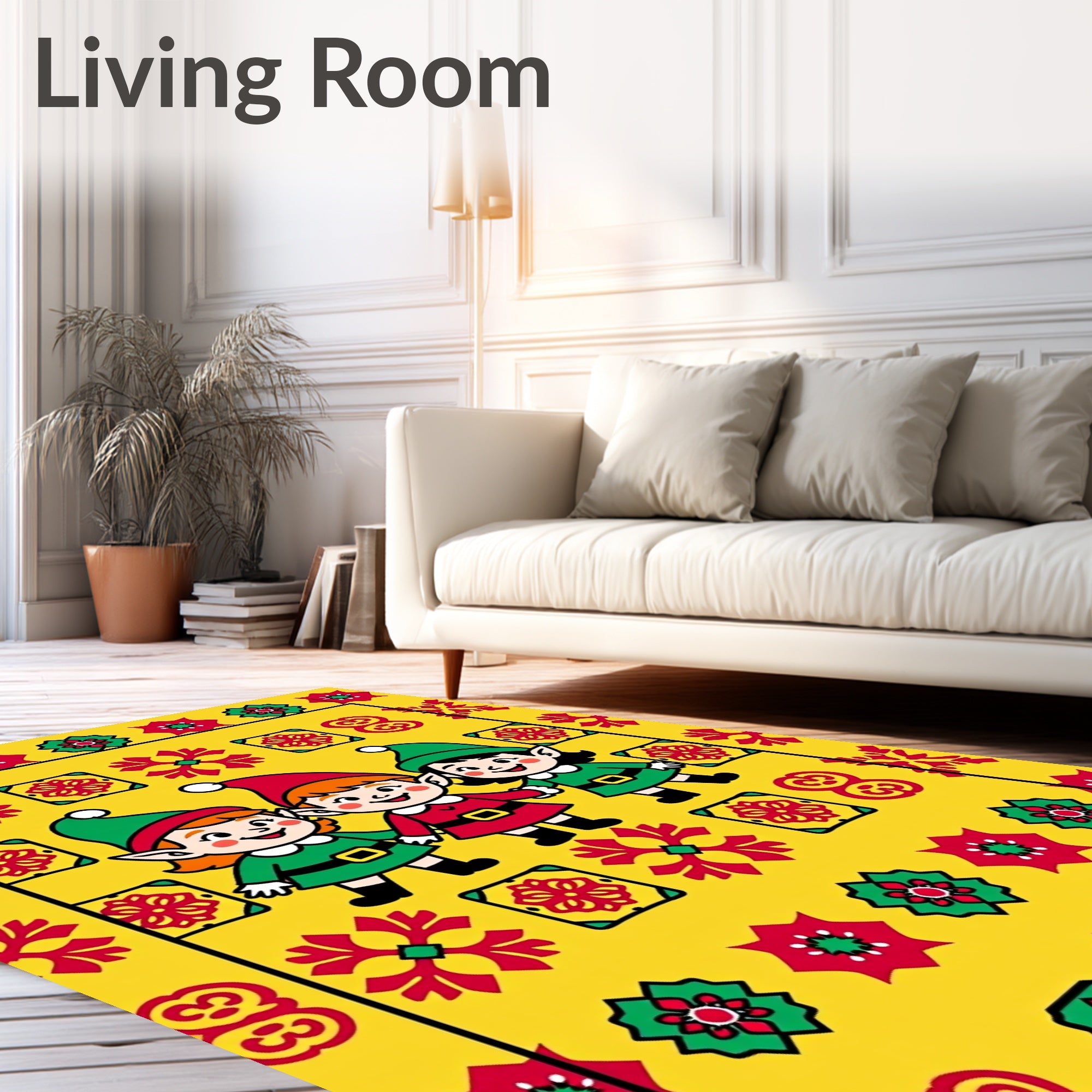 Festive Elves Red Green Yellow Border Rug