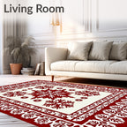 Crimson White Snowflake Medallion Border Rug