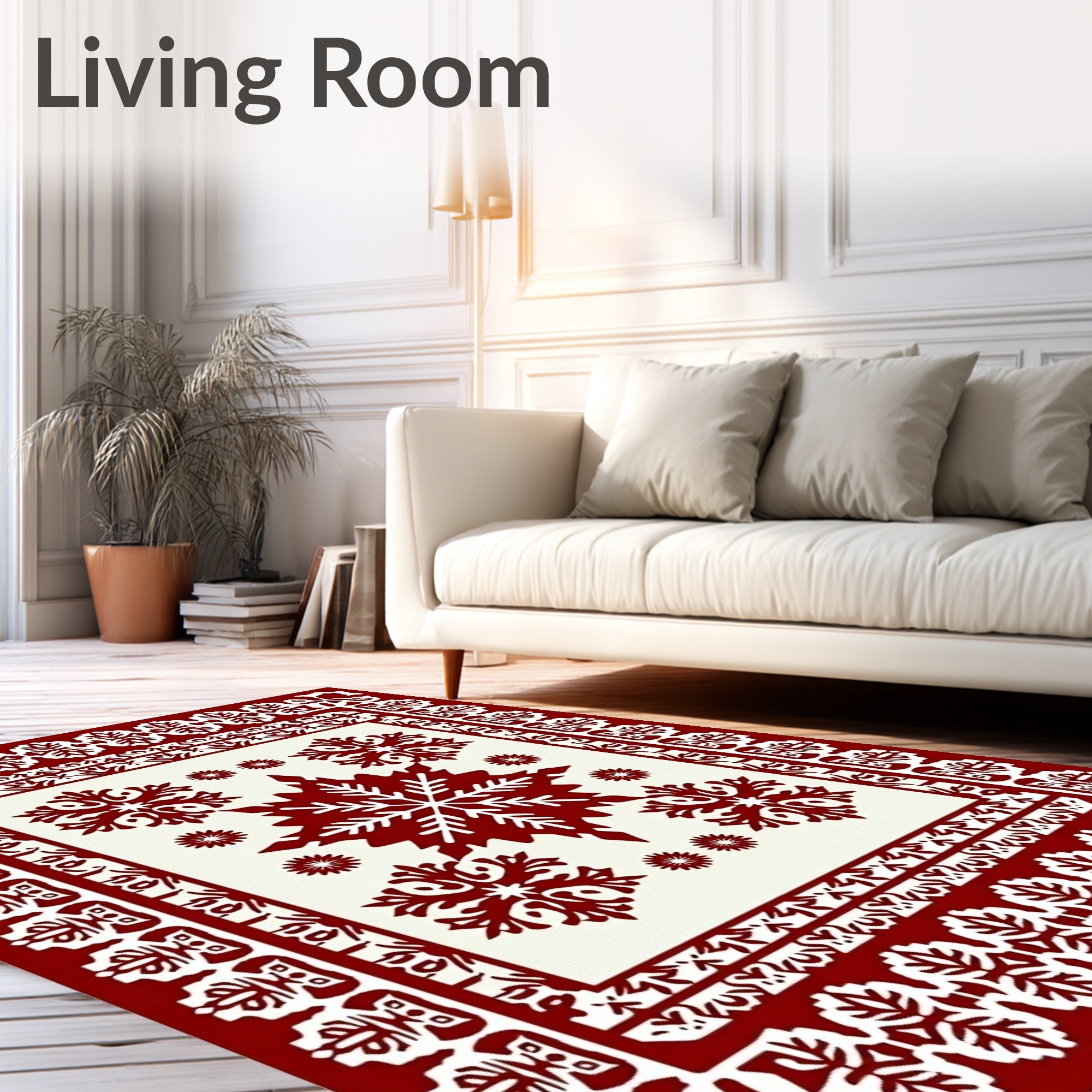 Crimson White Snowflake Medallion Border Rug