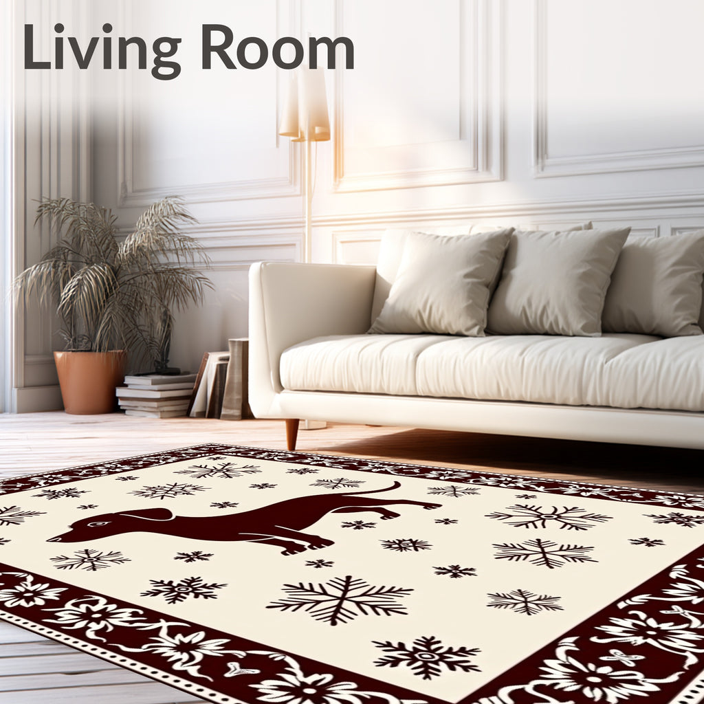 Crimson Dachshund Snowflakes Border Rug