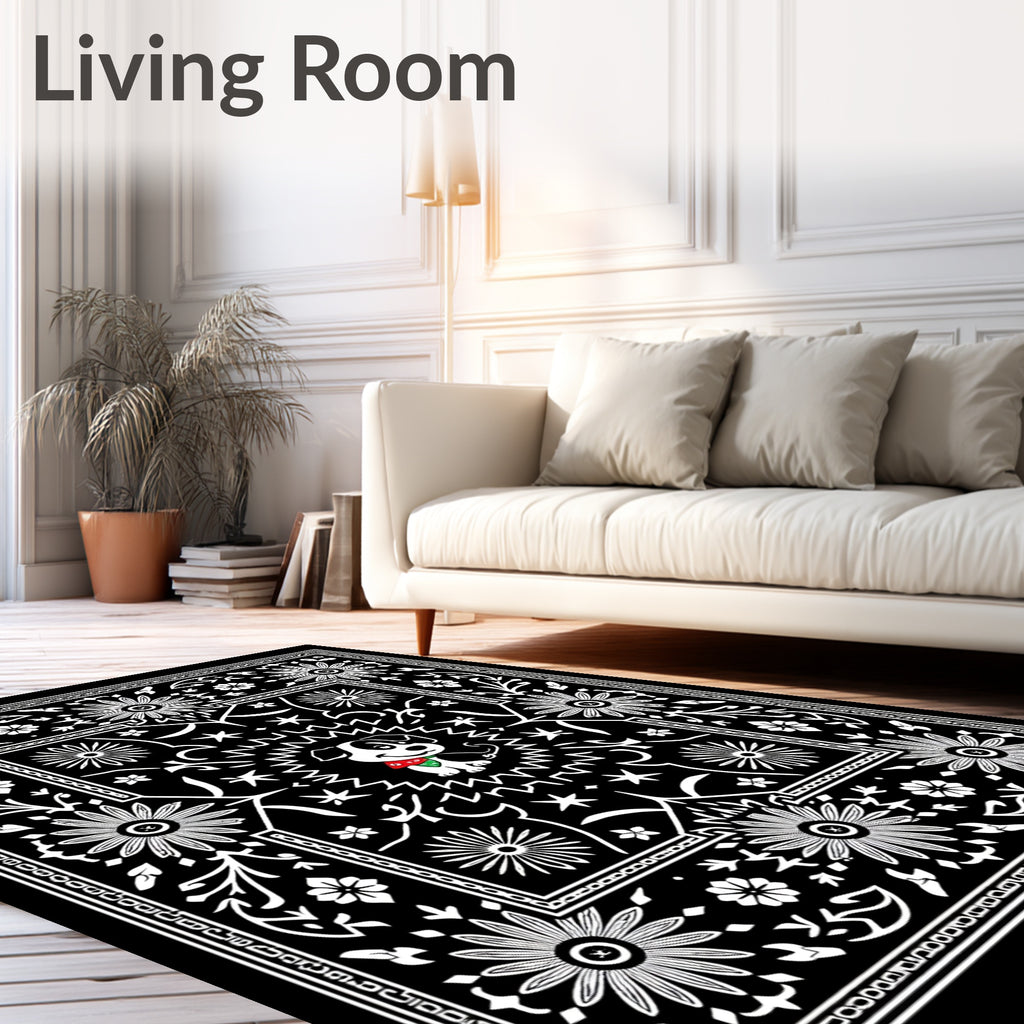 Whimsical Black White Dog Floral Medallion Rug