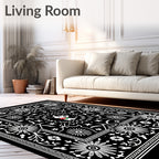 Whimsical Black White Dog Floral Medallion Rug
