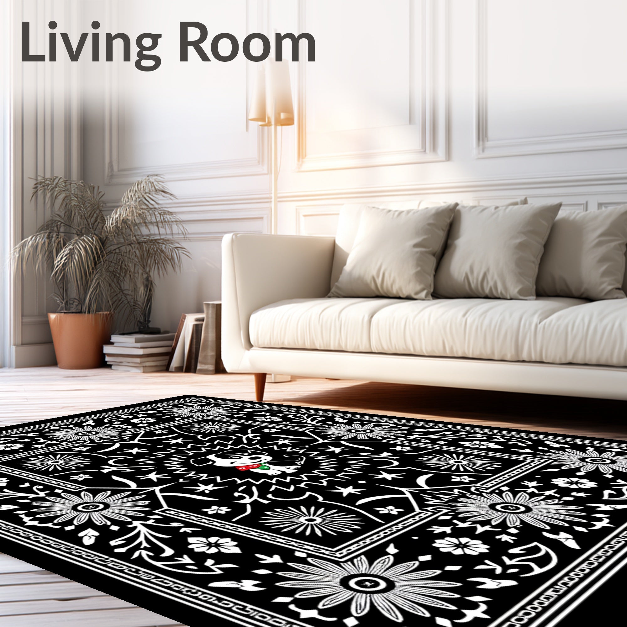 Whimsical Black White Dog Floral Medallion Rug