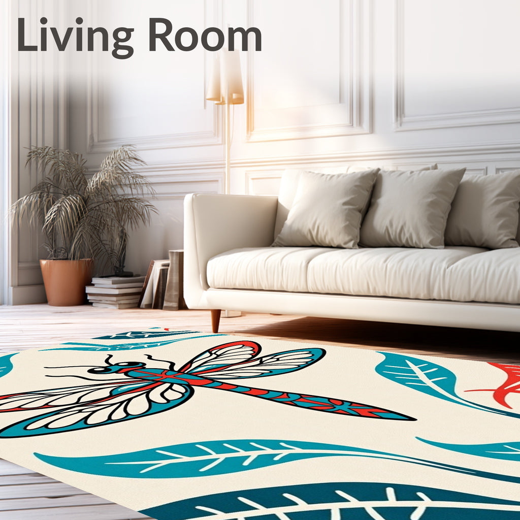 Crimson Teal Dragonfly Foliage Scene Rug