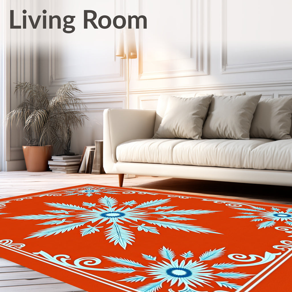 Orange Blue Feathered Floral Medallion Rug