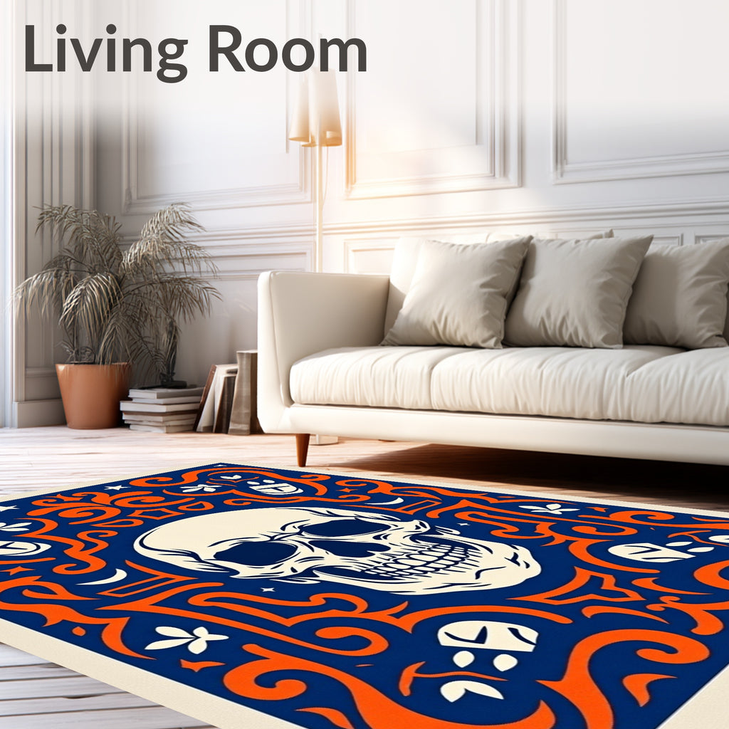 Bold Orange Skull Navy Swirl Rug