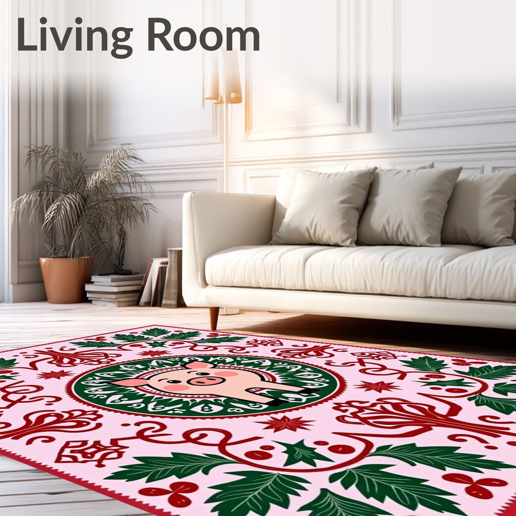 Pink Pig With Green Leaf Border Rug
