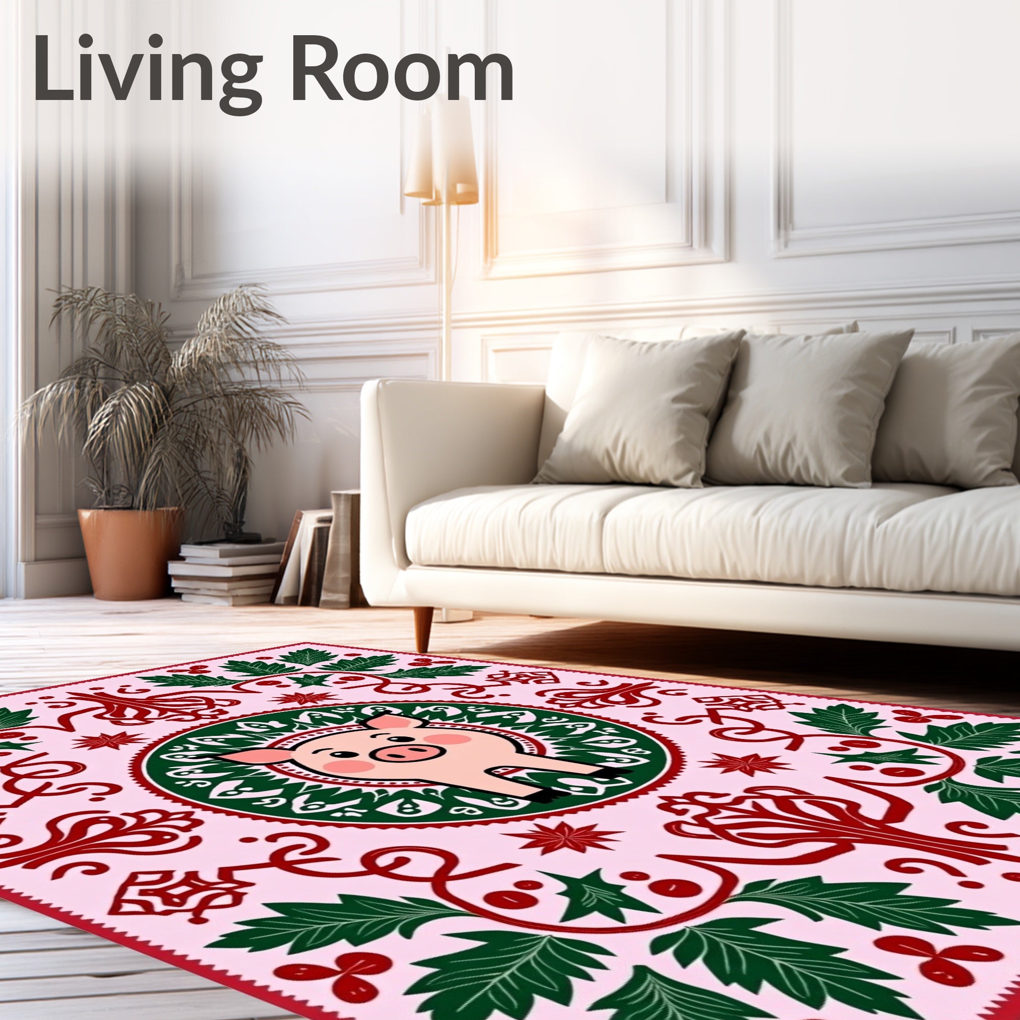 Pink Pig With Green Leaf Border Rug
