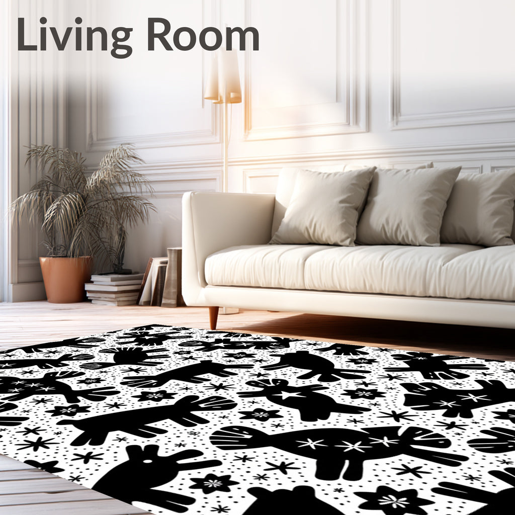 Black Whimsical Folk Art Creatures Rug