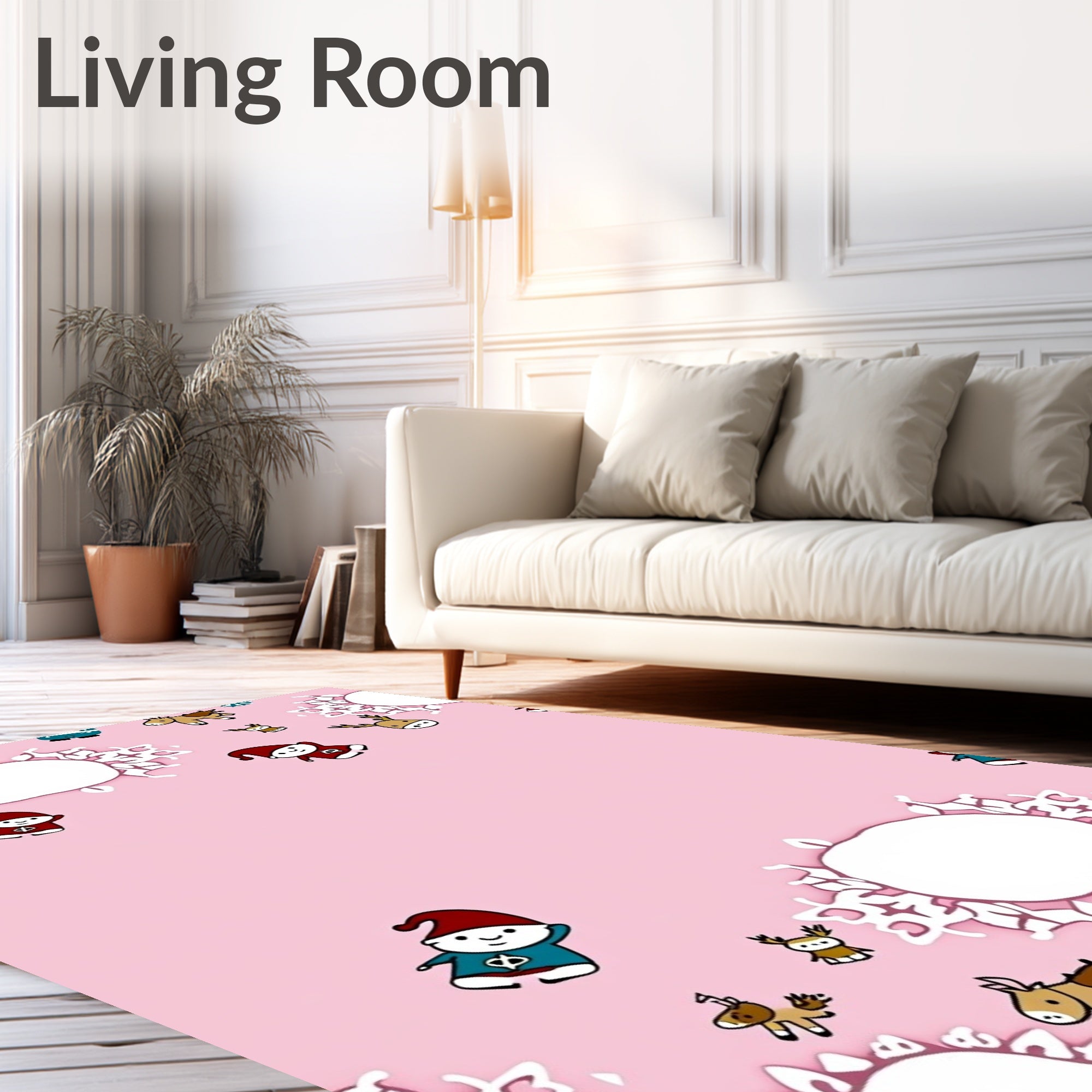 Whimsical Pink Christmas Gnomes Reindeer Rug