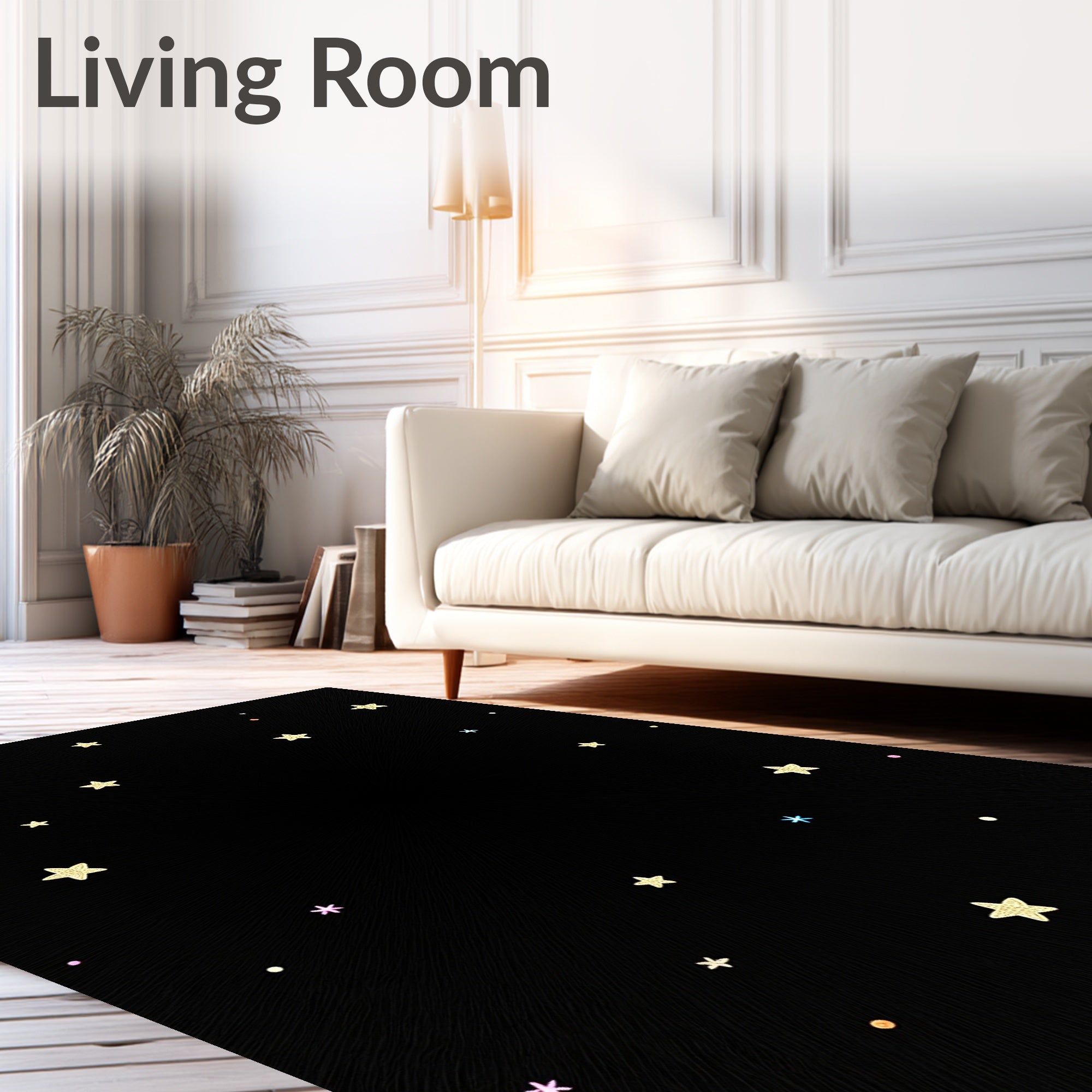 Whimsical Golden Starry Night Sky Rug