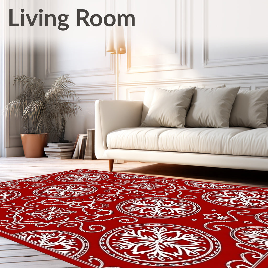 Red White Circular Snowflake Motif Rug