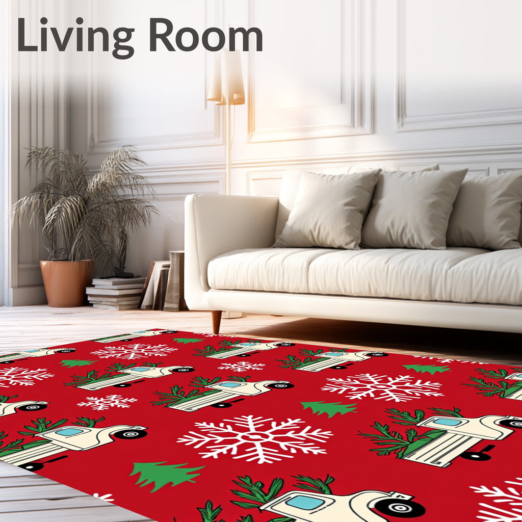 Festive Red Truck Snow Tree Rug