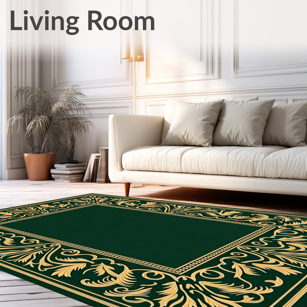 Elegant Gold Leaf Scrollwork Emerald Green Rug