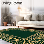 Elegant Gold Leaf Scrollwork Emerald Green Rug