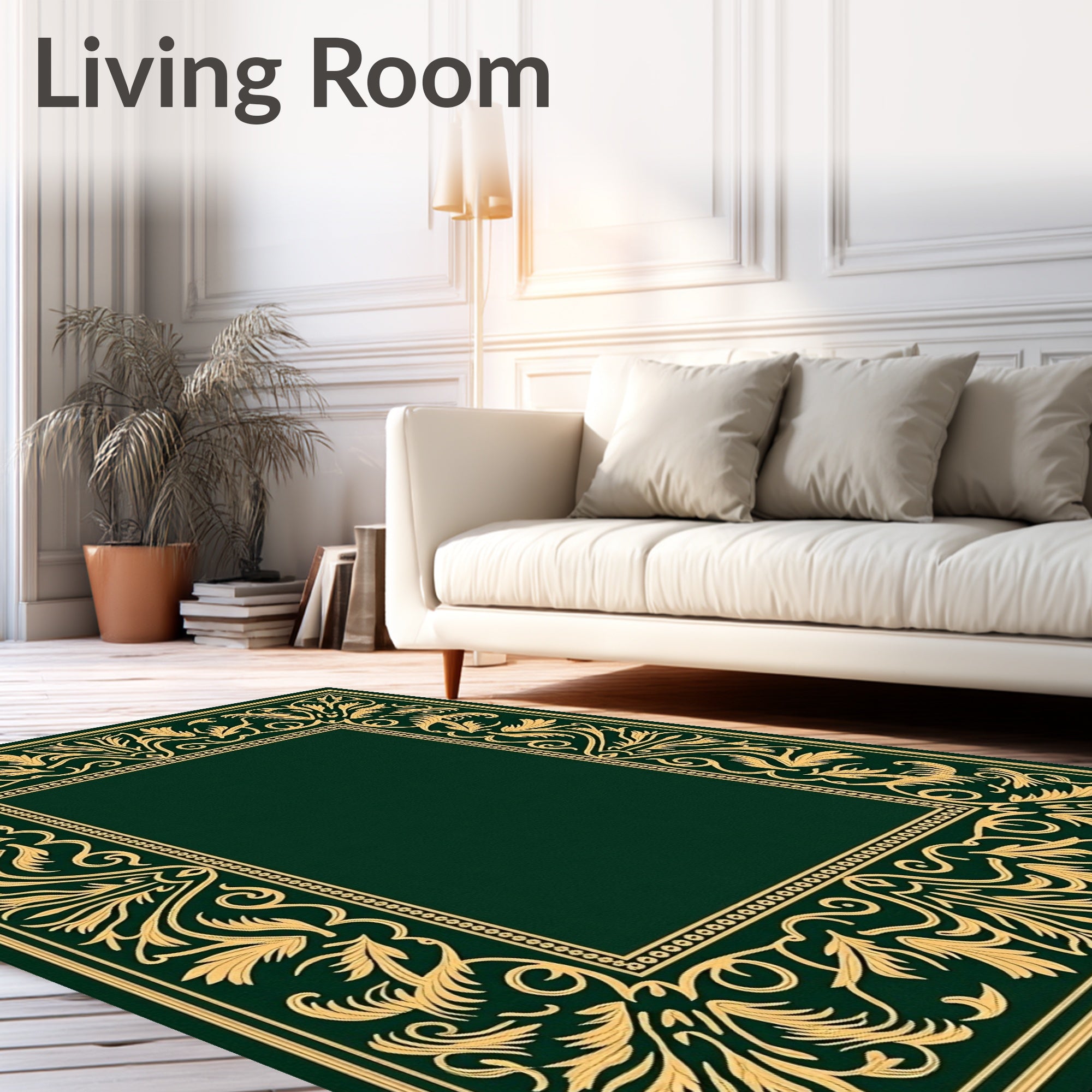 Elegant Gold Leaf Scrollwork Emerald Green Rug