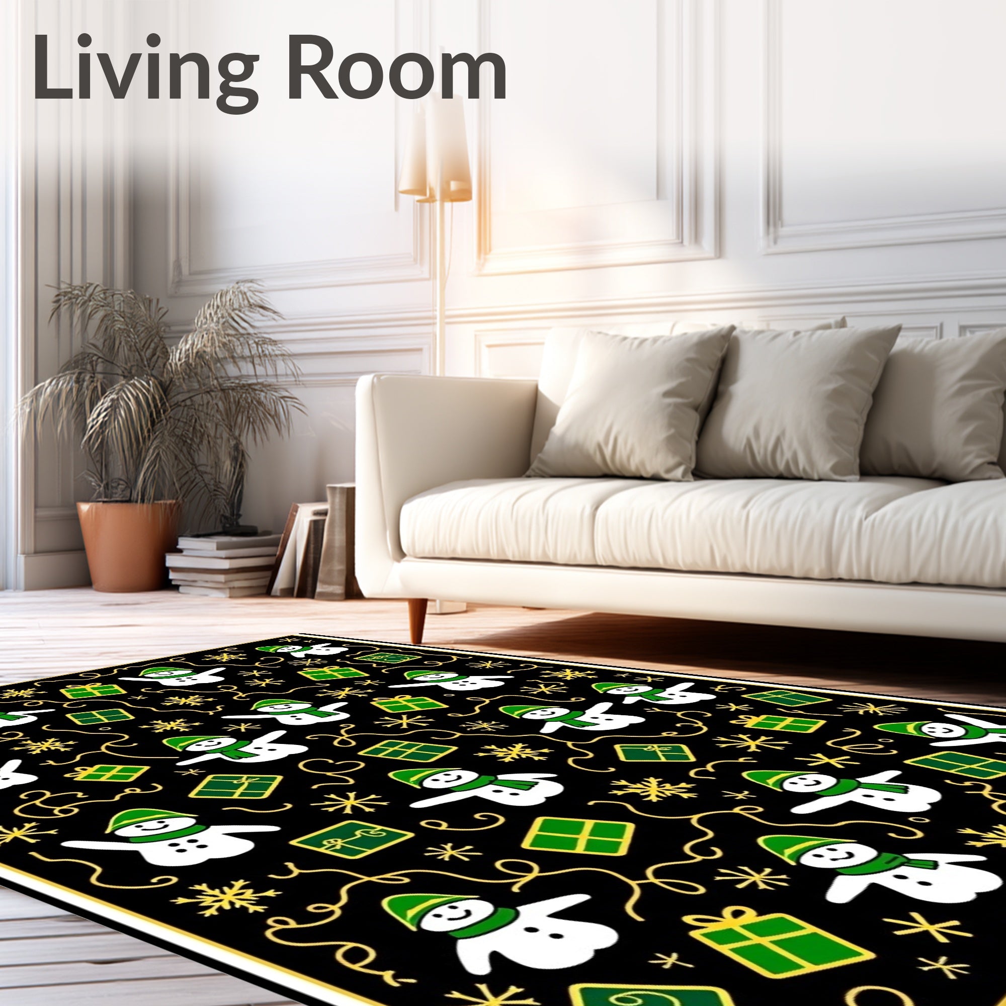 Christmas Snowman Black Green Gift Snowflake Rug