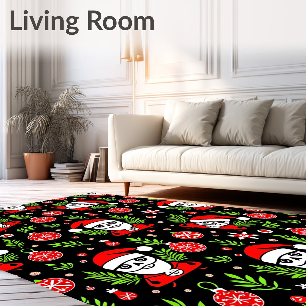Spooky Black Christmas Santa Ornaments Rug