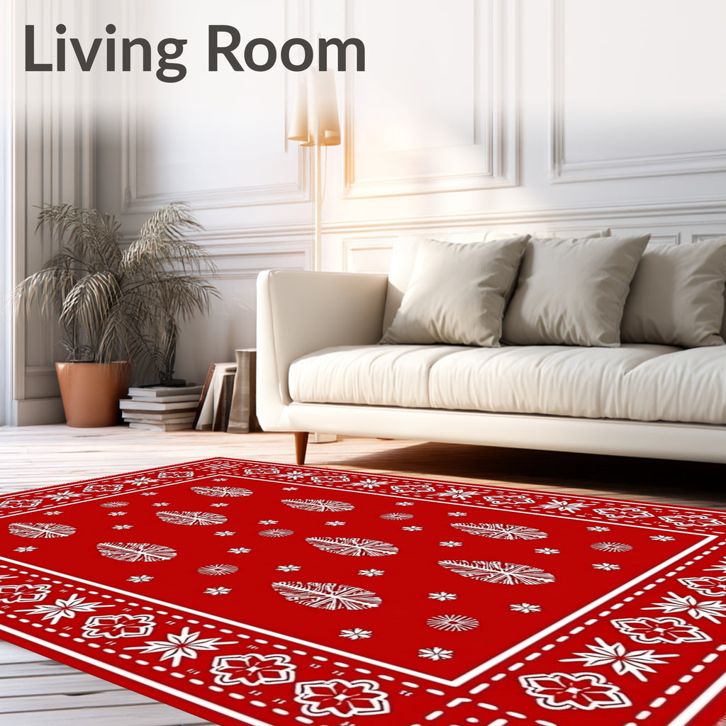 Red White Leaf Floral Border Rug