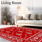 Red White Leaf Floral Border Rug