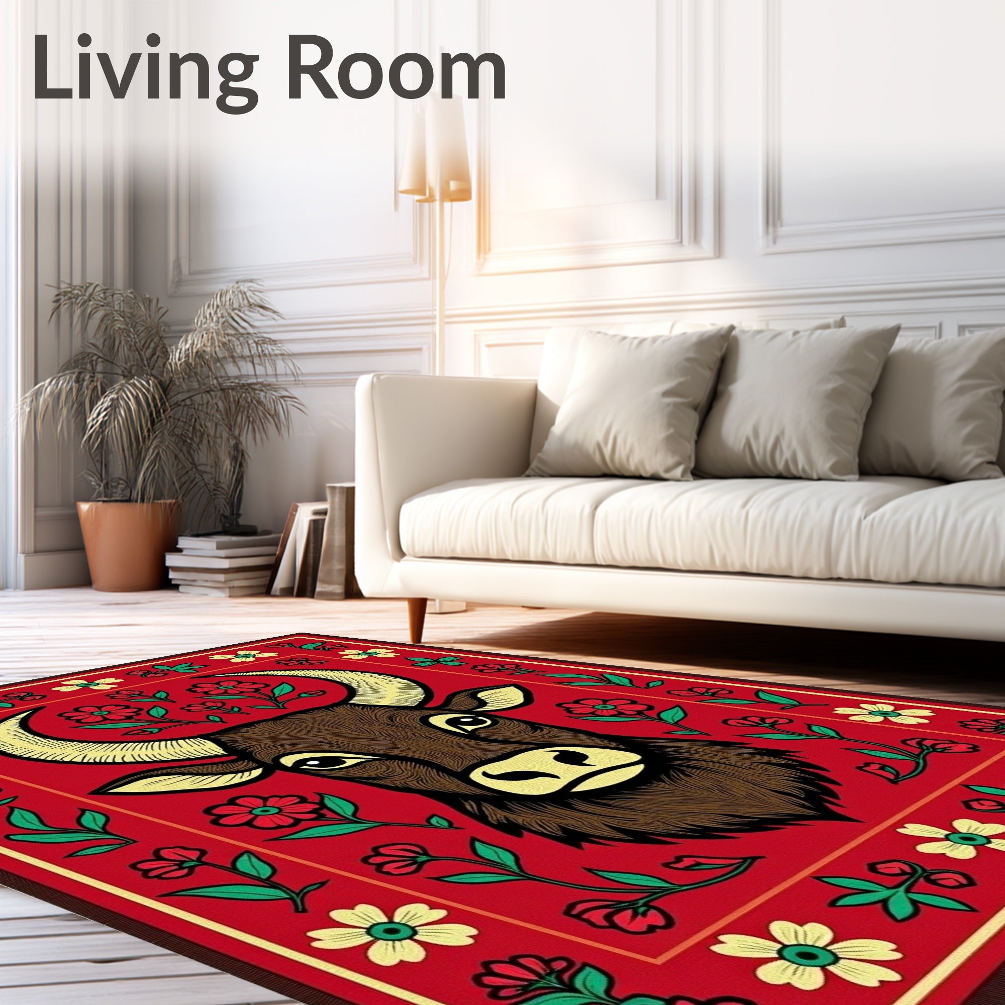 Crimson Bull Floral Border Rug