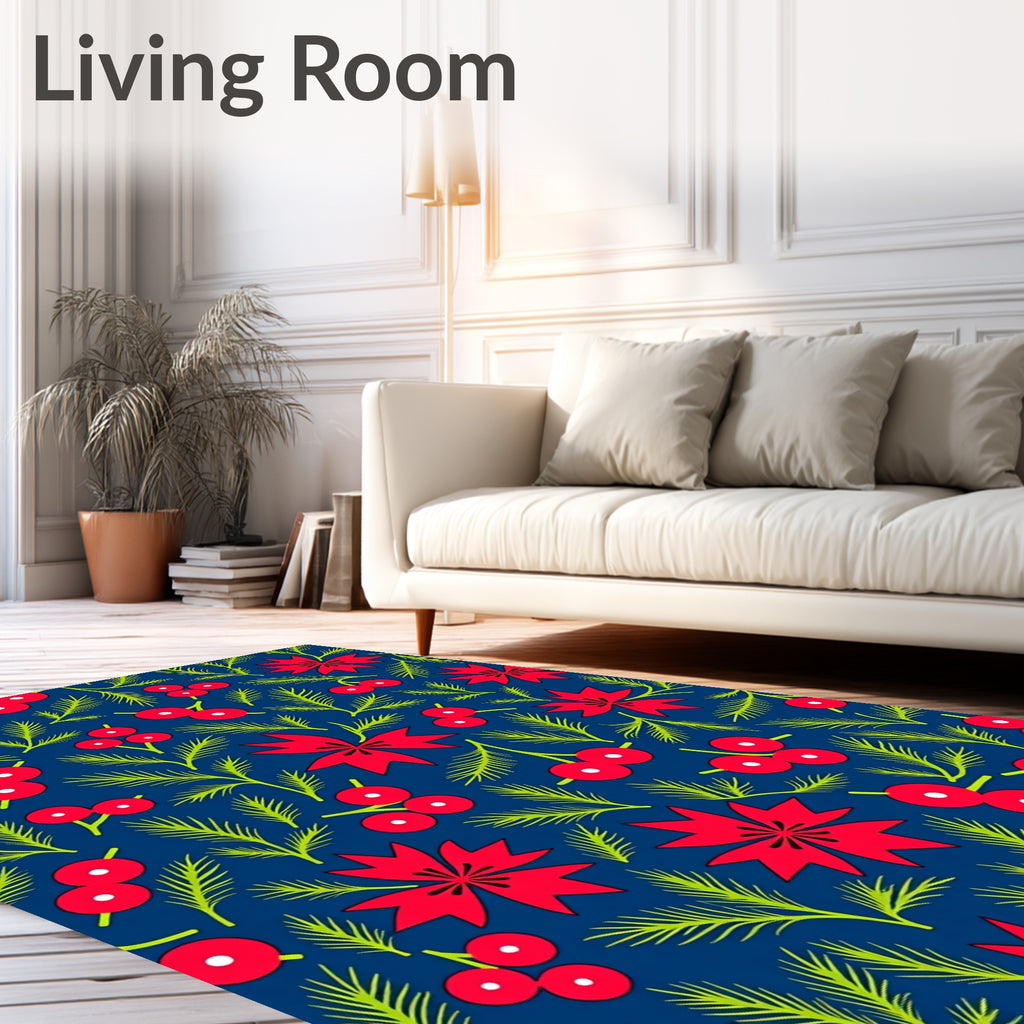 Red Holly Berry Evergreen Branches Rug