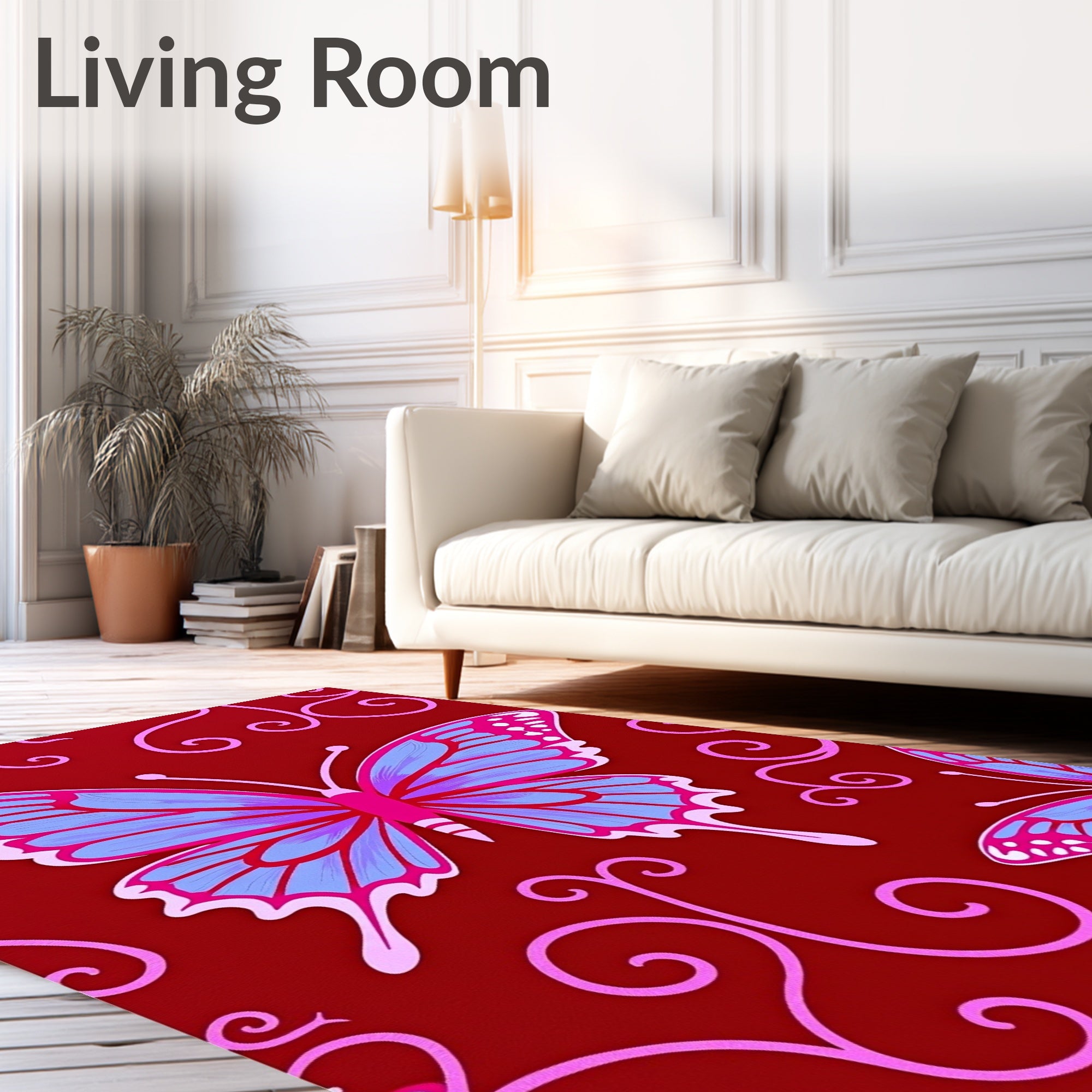 Vibrant Crimson Butterfly Swirl Rug