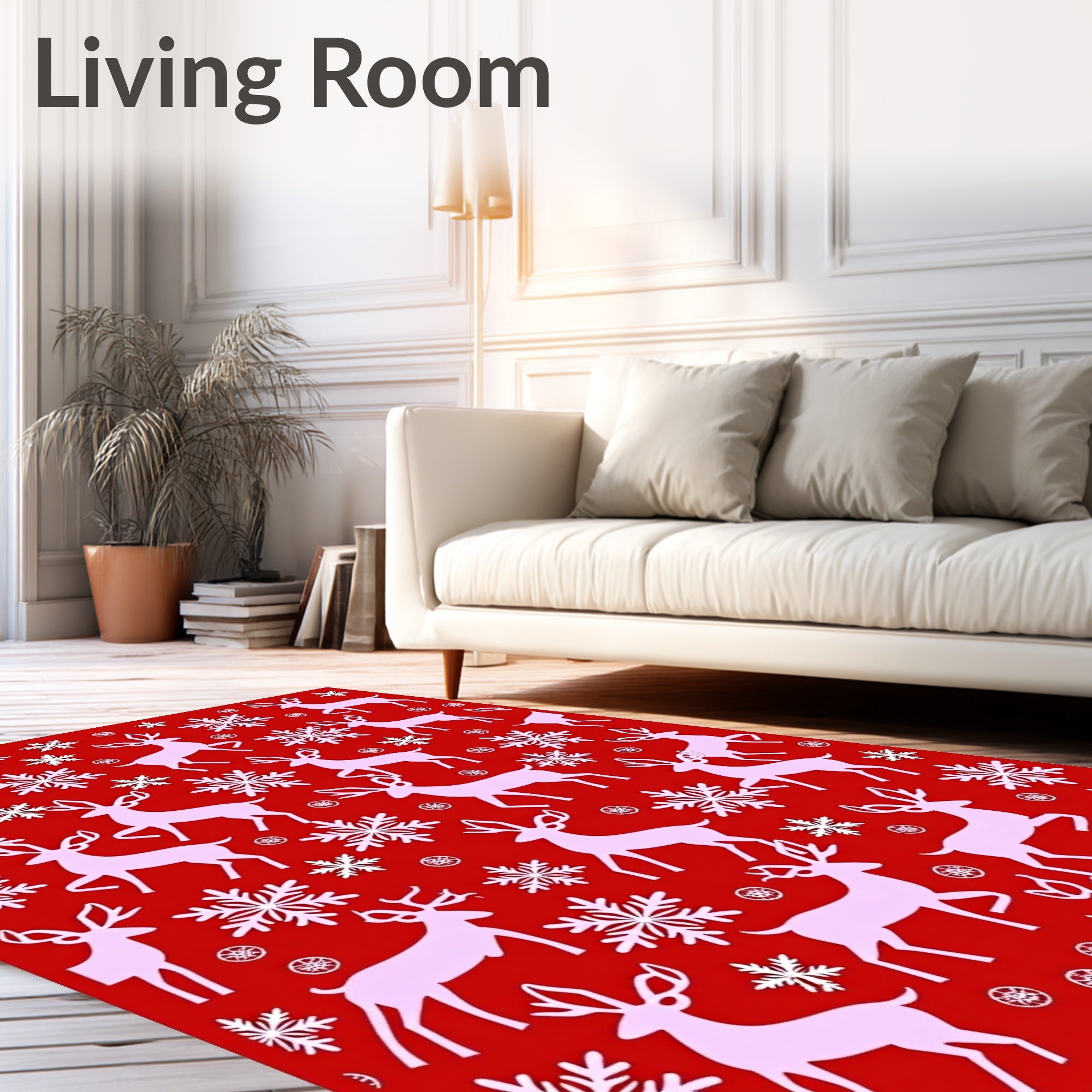 Pink Deer Snowflakes Red Christmas Rug