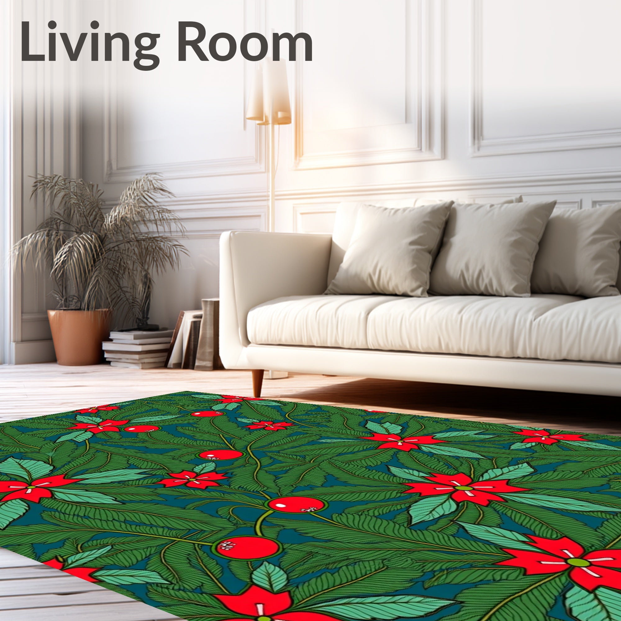 Festive Red Poinsettia Greenery Rug