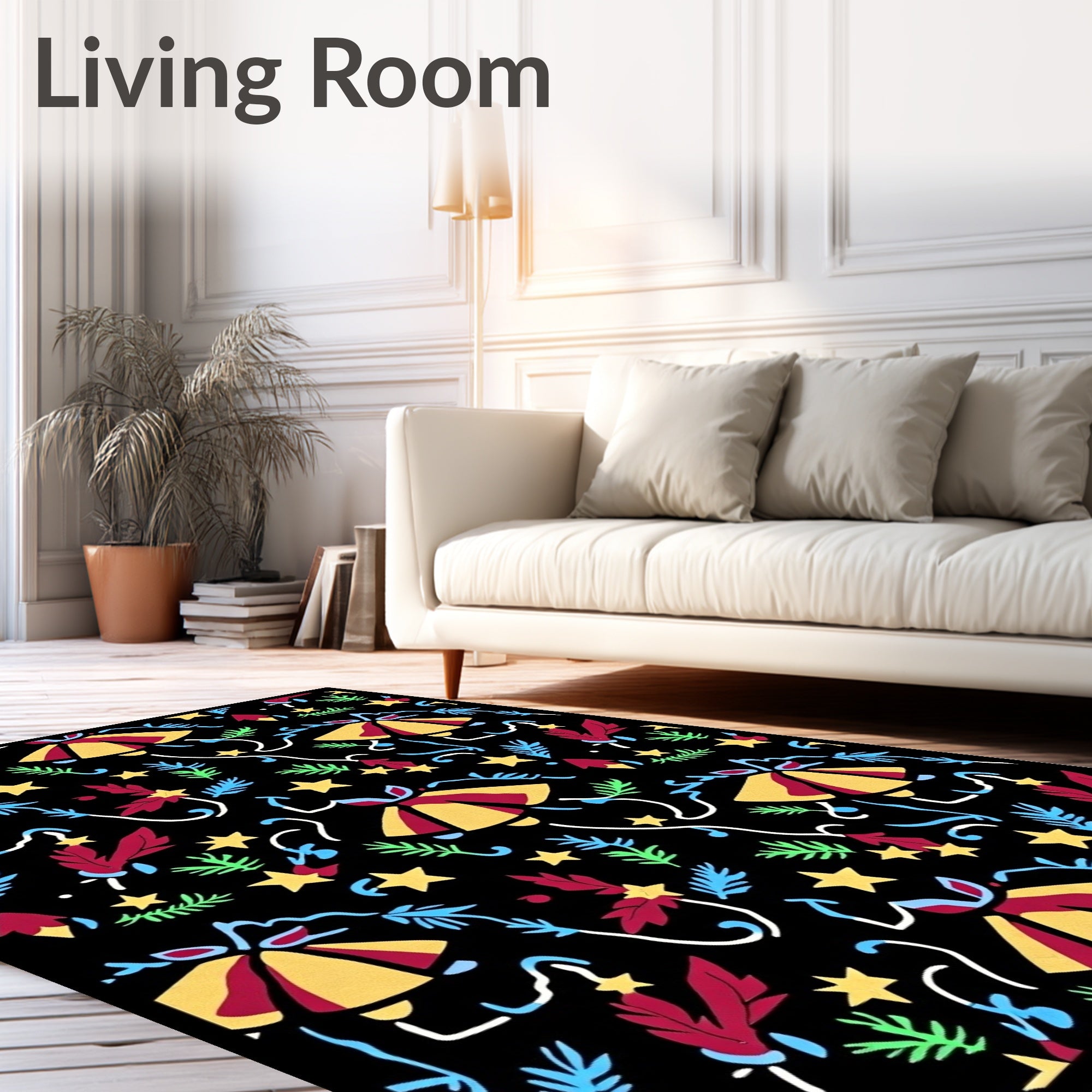 Whimsical Red Yellow Bell Celebration Stars Rug
