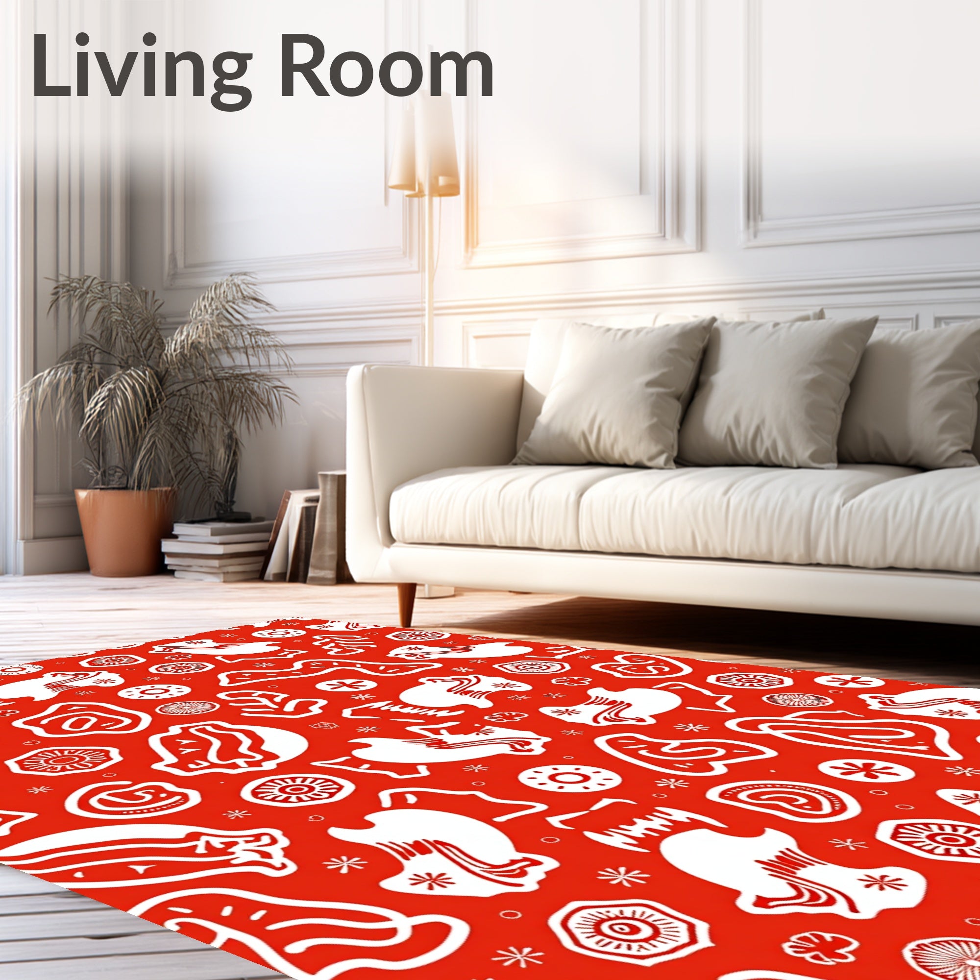 Red White Whimsical Folk Art Rug