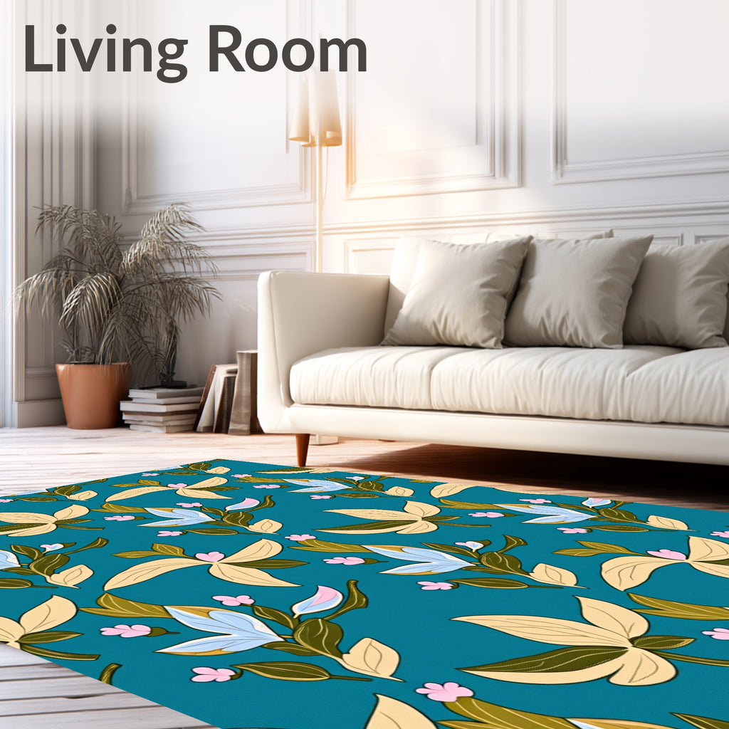 Teal Floral Botanical Leaf Bunch Rug