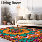 Vibrant Orange Teal Mandala Flower Rug