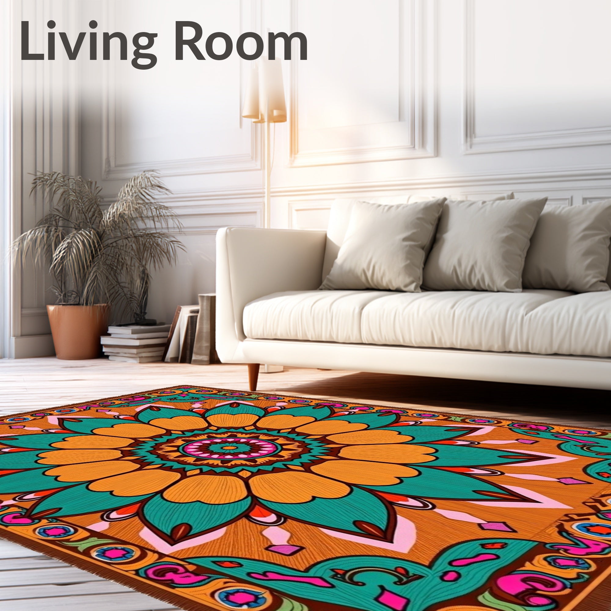 Vibrant Orange Teal Mandala Flower Rug