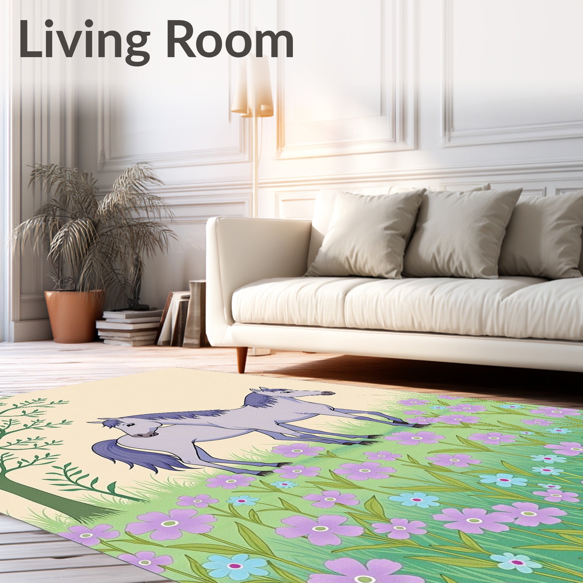 Two Horses Meadow Floral Field Rug
