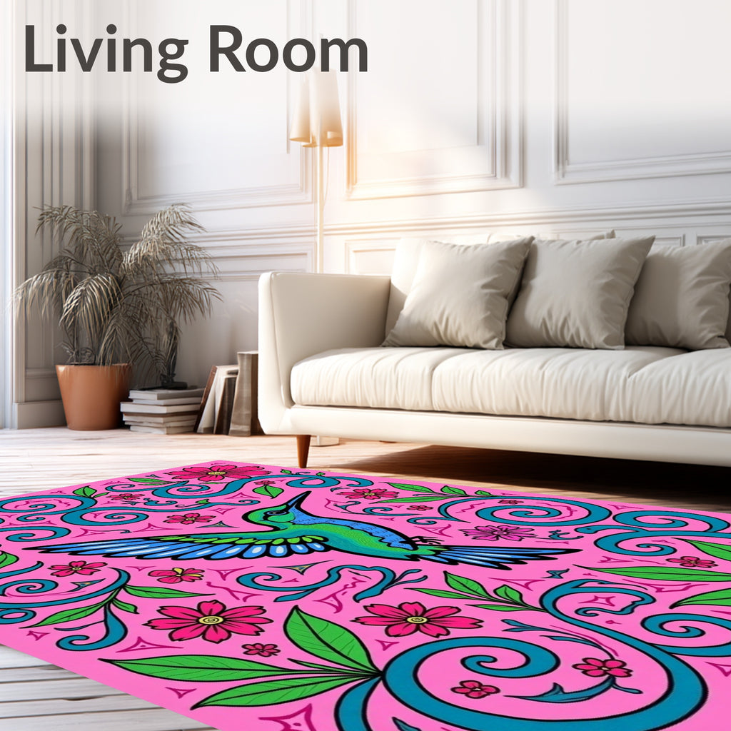 Vibrant Hummingbird Pink Floral Scroll Rug