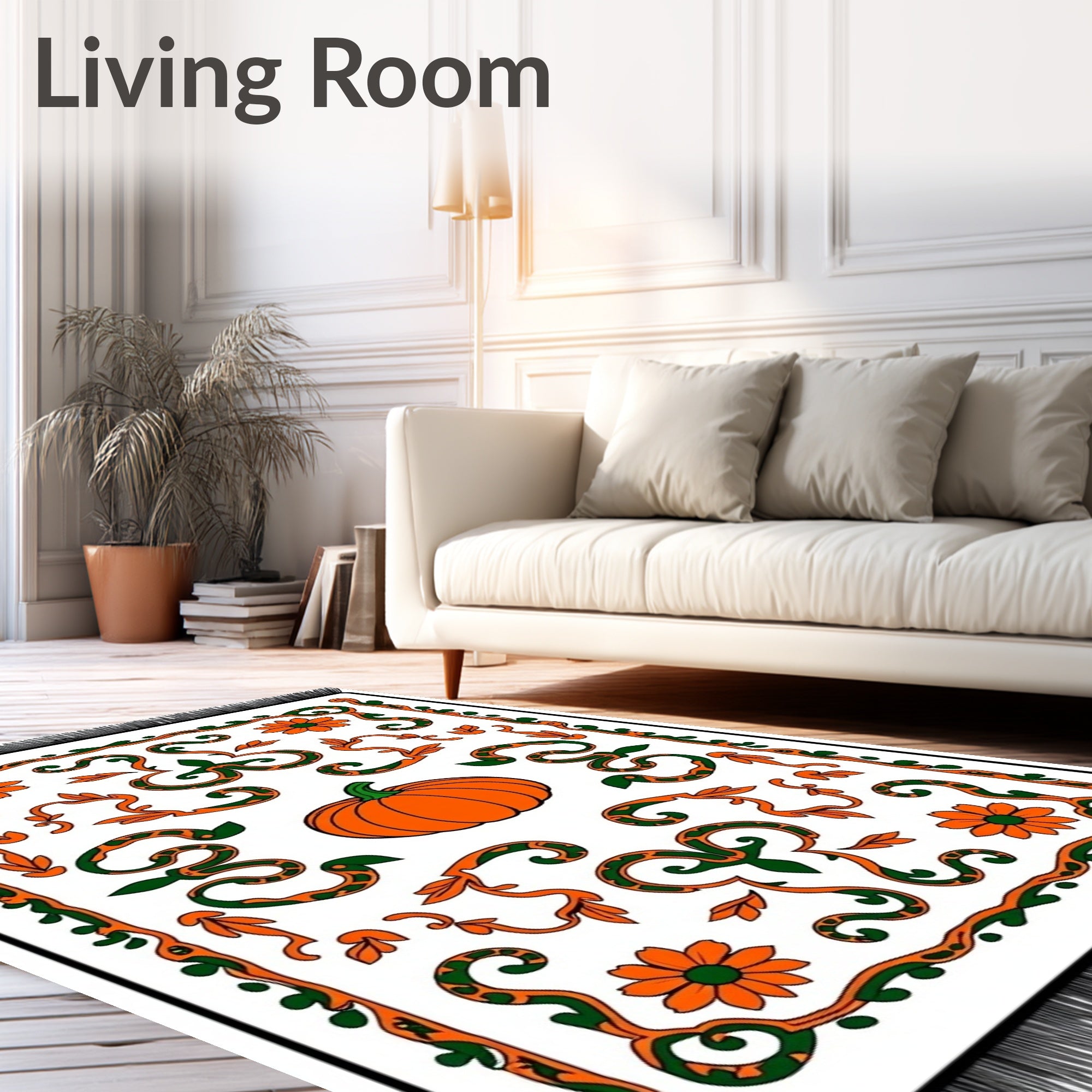 Orange Pumpkin Floral Vineyard Scroll Rug