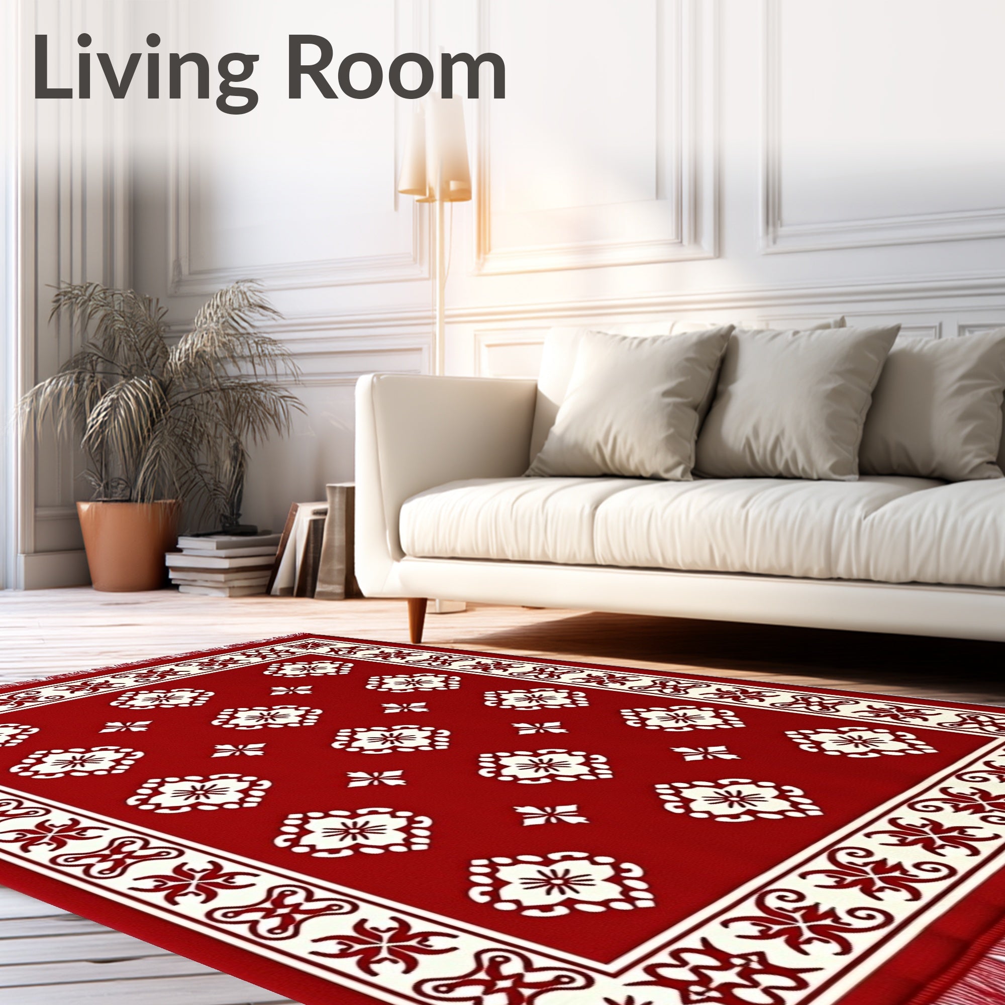 Crimson White Ornamental Medallion Border Rug