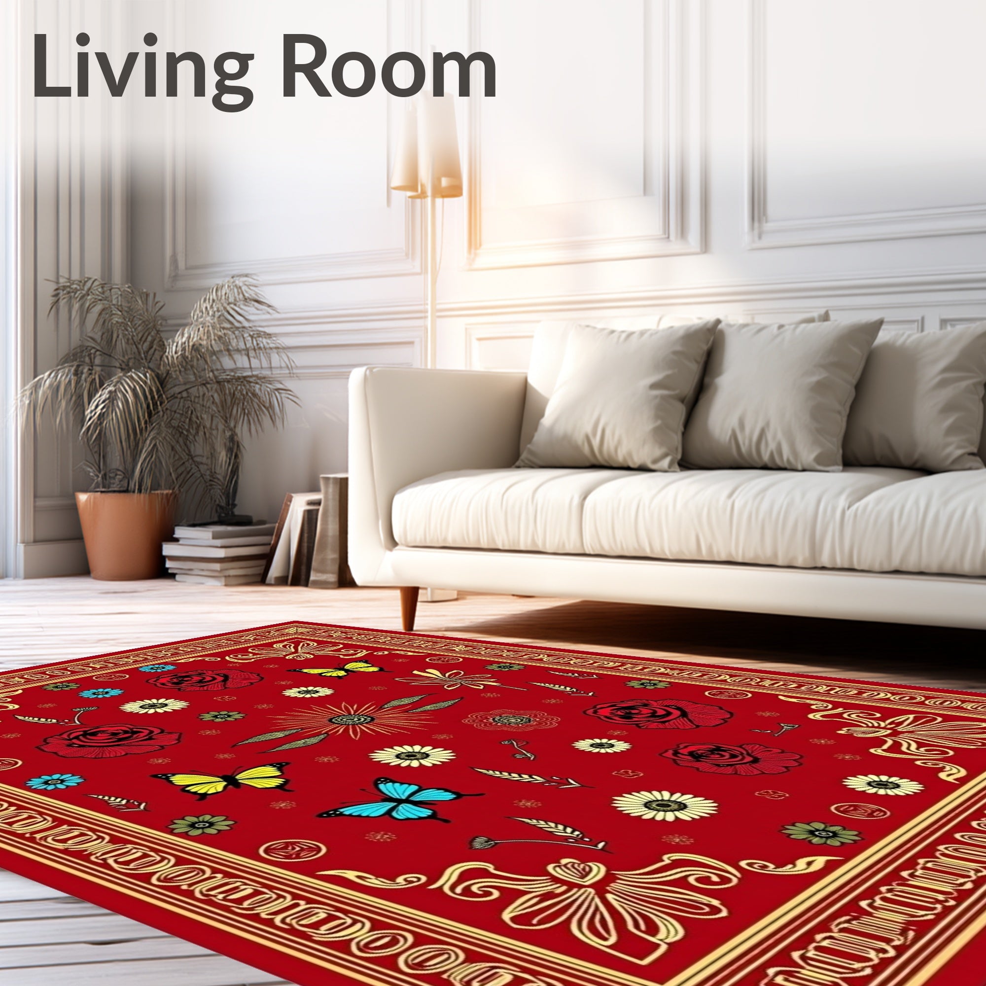 Crimson Red Butterfly Floral Garden Rug