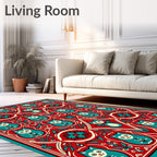 Red Teal Folk Art Cat Medallion Rug