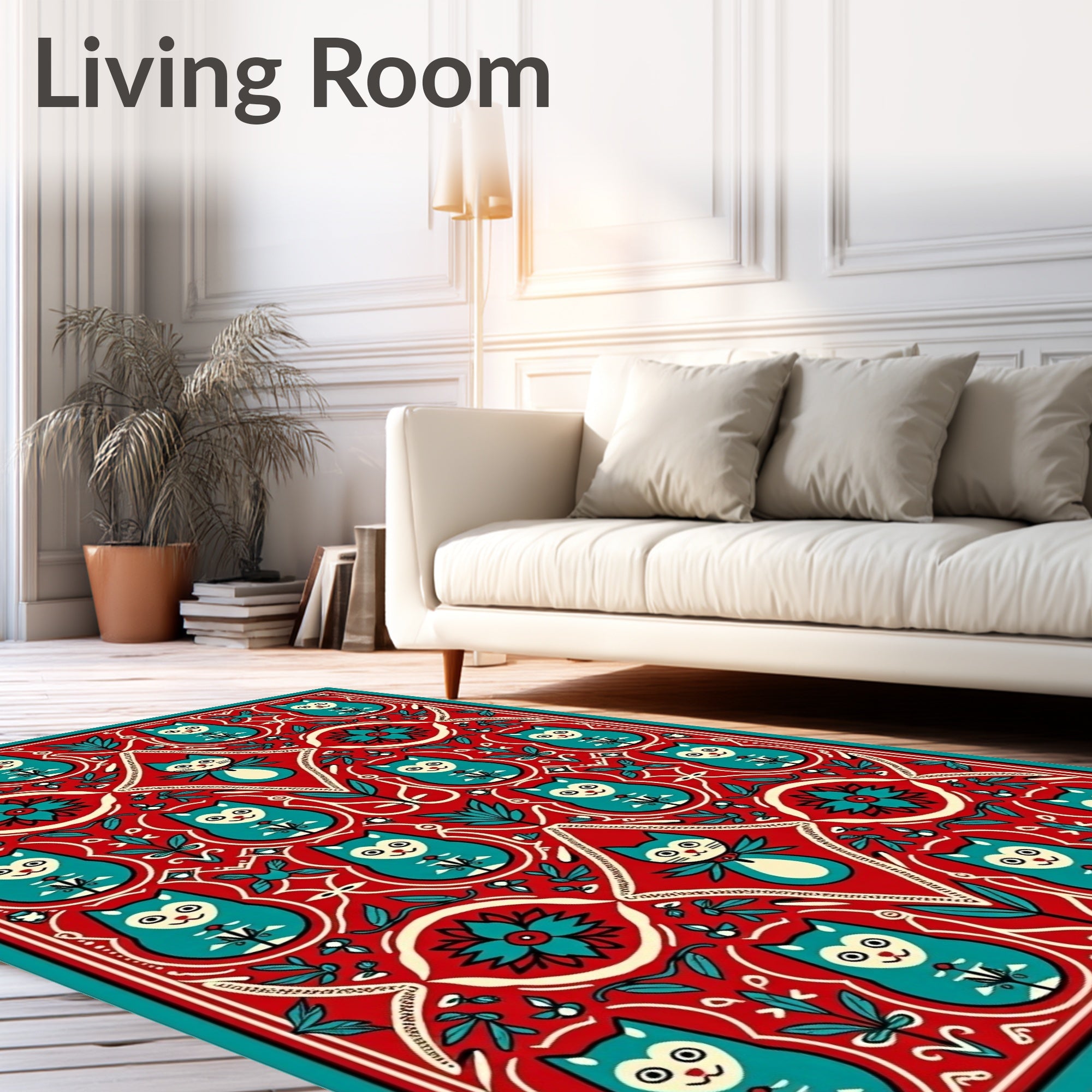 Red Teal Folk Art Cat Medallion Rug