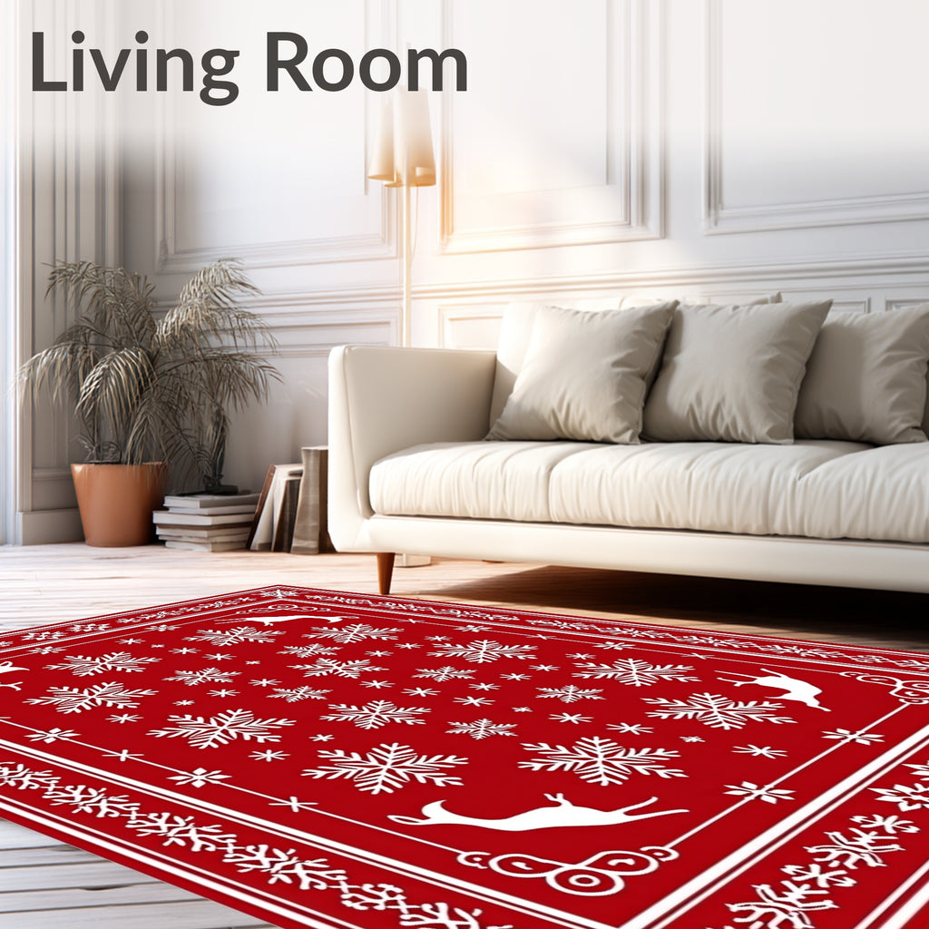 Red Snowflake Deer Holiday Rug