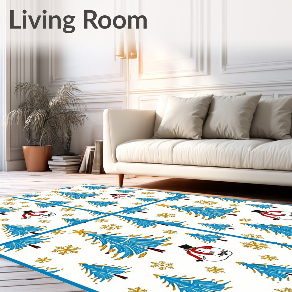 Blue Christmas Trees Snowman Gold Snowflakes Rug