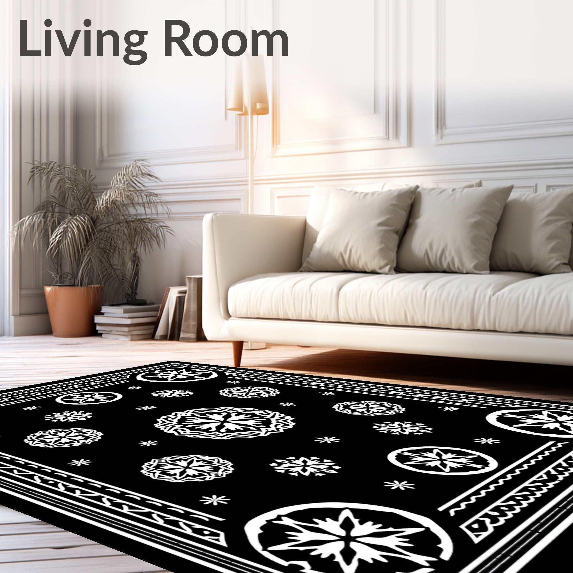 Black White Starburst Mandala Medallion Border Rug